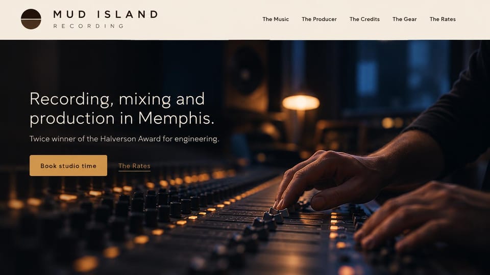Recording studio website design, producer-led studio with hands on the faders: cream header with a spaced name and menu, a dark close-up of hands on console faders, light white headline, tan studio time button and a rates link