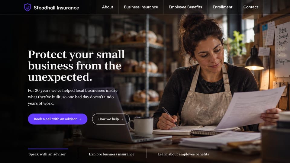Insurance agency website design, small business coverage, dark and personal: dark photo of a bakery owner reviewing paperwork, white serif headline, purple button and three link tabs along the bottom