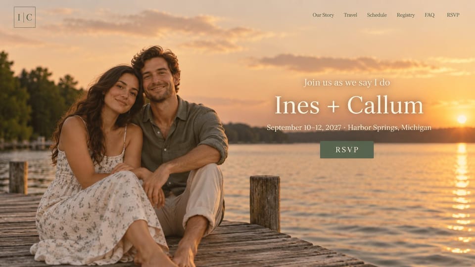 Wedding website design, lake weekend at golden hour: a couple sitting on a dock at sunset, cream serif names centered and a muted green RSVP button