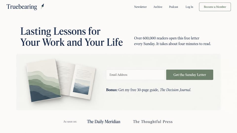Blog website design, sunday letter with a free guide: warm white page, a navy serif headline and a sage panel with a book mockup and email form