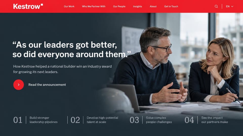 Consulting website design, leadership and talent consulting with a client quote: red navigation bar, a dark photo of two colleagues talking at a desk, a white quoted headline, a red arrow button and four numbered service links
