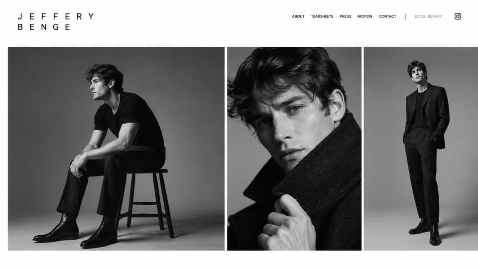 Model portfolio website design, male model with a black and white triptych: white page, a spaced black name and three large black and white photos of a man in dark clothes