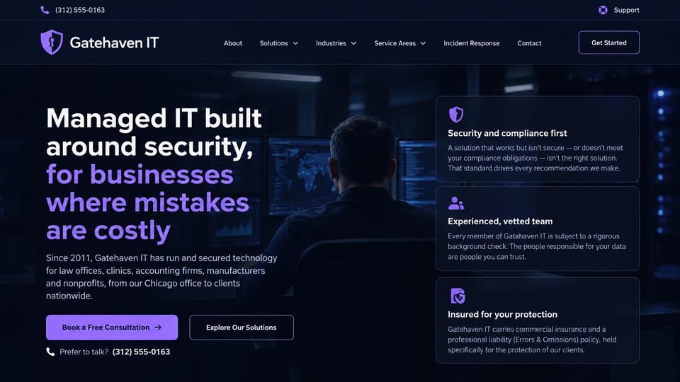 IT company website design, managed IT for regulated offices with three trust cards: dark navy page with a violet glow, white and violet headline, violet consultation button, three dark cards with icons, a dim photo of a man at a monitor