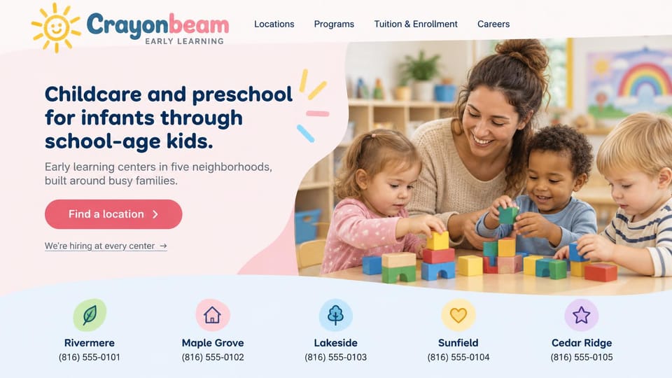 Daycare website design, childcare group with every center's phone number below: soft pink page with wavy edges, a navy headline, a coral location button, a teacher building blocks with three toddlers and a pale blue row of five centers