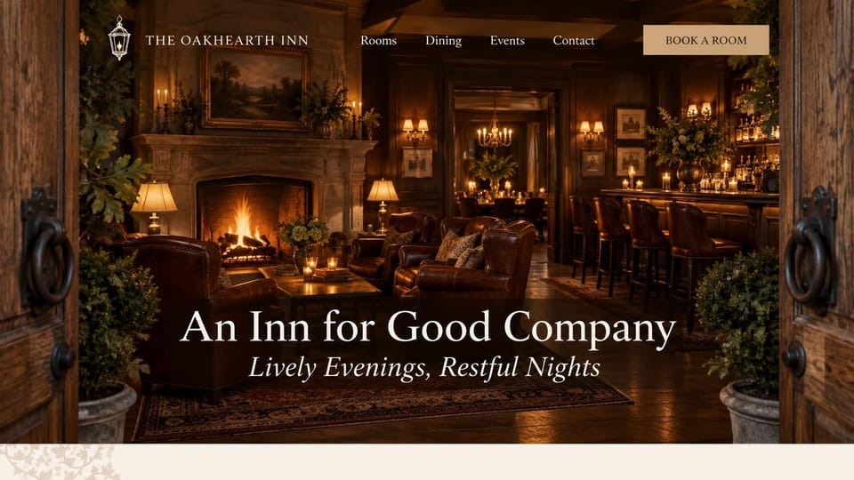 Bed and breakfast website design, country inn with a dining room and bar: dark wooden doors opening on a firelit lounge with leather chairs and a bar, ivory serif headline, tan button