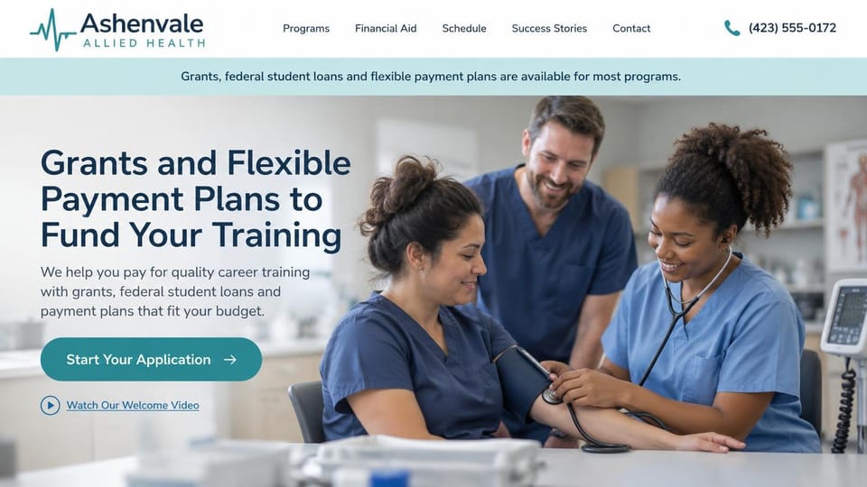 School website design, allied health college with a financial aid banner: white menu bar with a teal heartbeat logo and phone number, a pale teal aid banner, students in navy and blue scrubs taking a blood pressure reading in a bright clinic, a large navy sans-serif headline, a rounded teal apply button