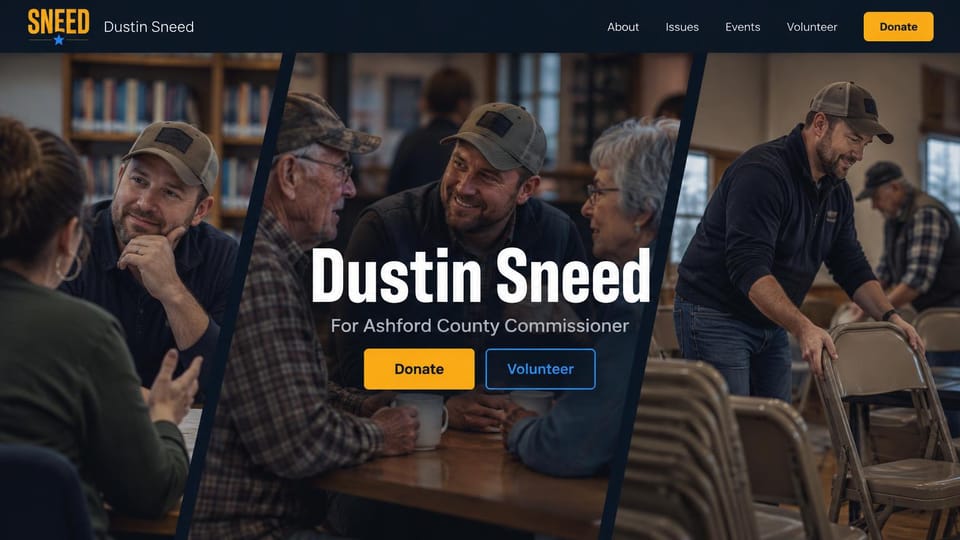 Political campaign website design, county commission with a photo collage: dark navy header, three slanted photos of a man in a cap with residents, a large white name with yellow and blue buttons