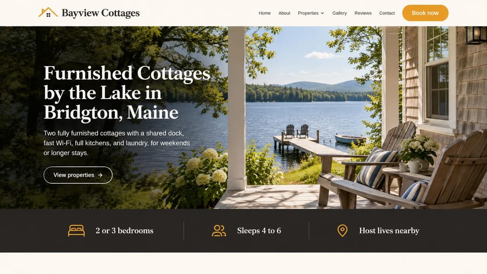 Hotel website design, lakeside cottages with a host nearby: cream header, a cottage porch over a lake with a white headline and a dark bar of three facts