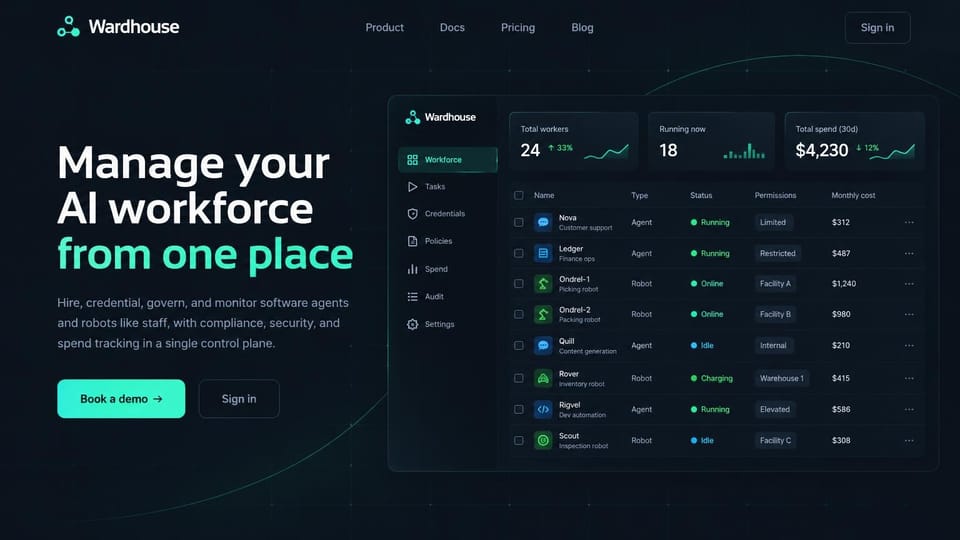 AI startup website design, aI workforce management with a staff roster dashboard: navy-black page with a faint grid and a thin glowing arc, a white headline ending in mint green, a mint book-a-demo button and an outlined sign-in button, and a dark dashboard with stat cards, sparklines and a table of workers with status dots