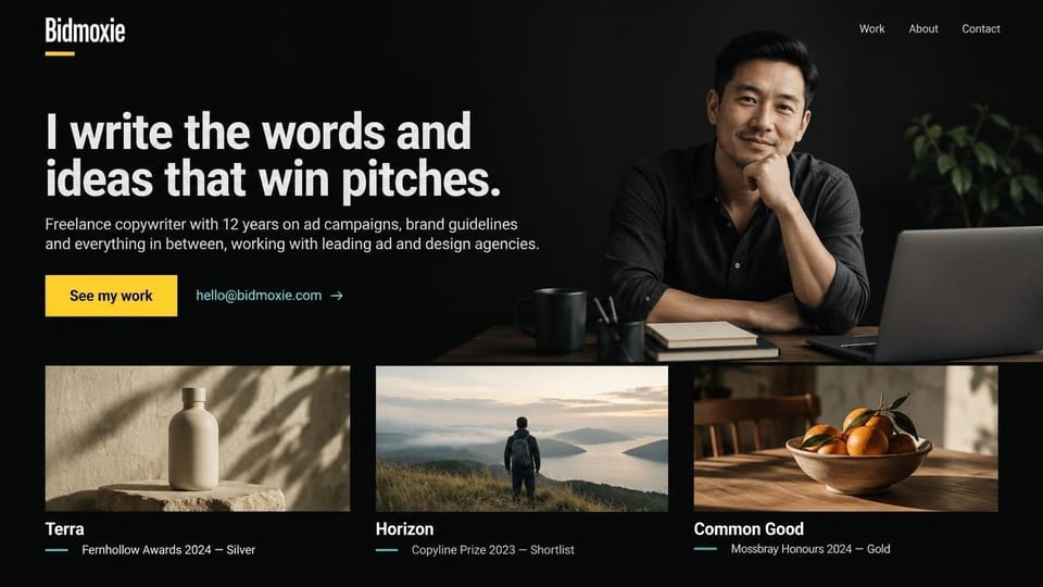 Writer website design, agency copywriter, dark with campaign cards: near-black page, a large bold white headline, a yellow work button and a teal email link, a smiling man at a dark desk with a laptop, three campaign photo cards