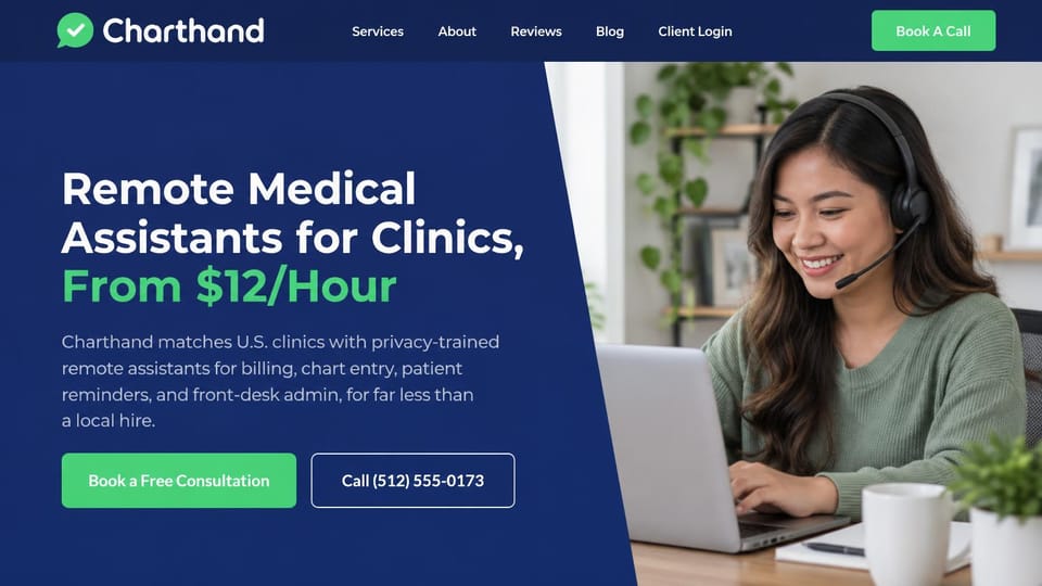 Virtual assistant website design, remote medical assistants with the rate in the headline: dark navy panel on a diagonal with a white and green headline, green and outlined buttons, and a woman in a headset typing at a laptop among plants