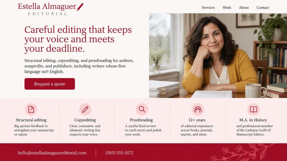 Writer website design, freelance editor with services in a blush strip: cream page, a large burgundy serif headline, a burgundy quote button, a smiling woman at a desk with manuscripts, a blush strip of five service icons, a burgundy contact band