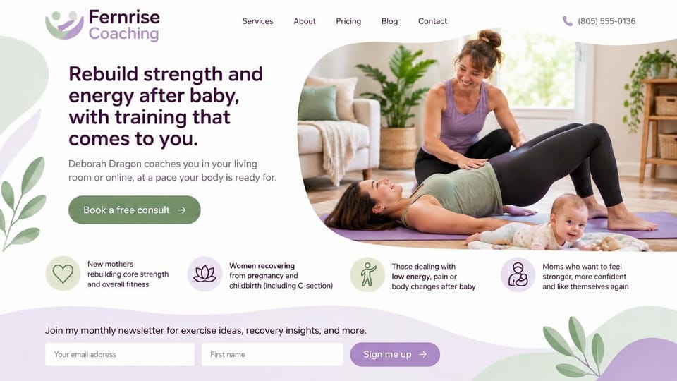Personal trainer website design, in-home postpartum training with a baby on the mat: white page with sage and lavender shapes, a plum headline, a sage consult button, a trainer guiding a mother's glute bridge beside her baby, icon notes and a newsletter form