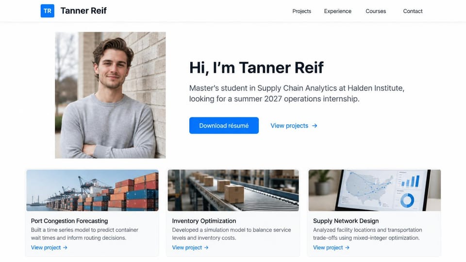 Resume website design, analytics master's student looking for an internship: white page, a square portrait of a smiling young man by a brick wall, a large black hello, a blue download résumé button and three project cards
