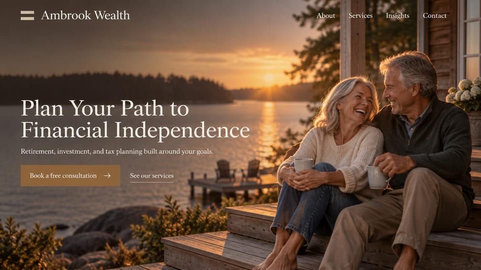 Financial advisor website design, financial independence on a lakeside porch: full-width sunset photo of an older couple laughing with mugs on a lakeside porch, white serif headline, a brown button and a text link