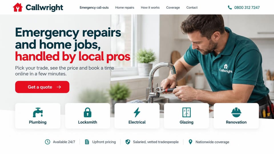 Handyman website design, emergency trades with tiles to tap: white page, a navy and red headline, a red quote button, a tradesman in teal fixing a kitchen tap, white tiles for each trade below