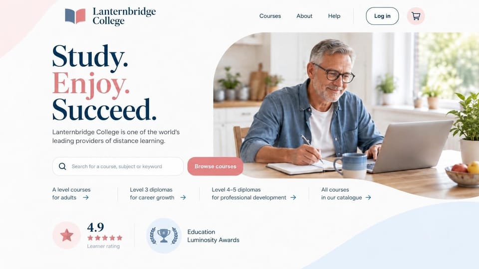 School website design, distance learning college with a three-word headline: a white page with soft pink and blue curves, an older man writing beside a laptop in a curved photo, a stacked navy and coral serif headline, a search box and coral browse button, rating and award badges below