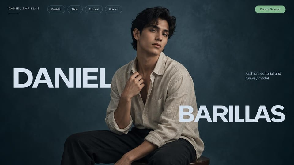 Model portfolio website design, male model with his name split around the portrait: deep blue-green studio, a young man in a linen shirt seated between huge pale blue capitals, a soft green booking button