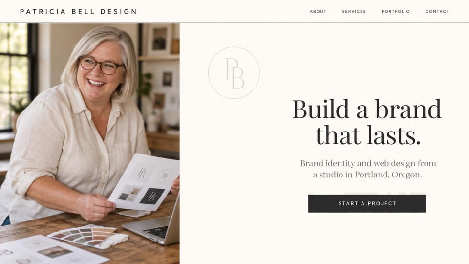 Graphic design portfolio website design, brand and web designer at her desk: cream page, a smiling older woman with glasses holding brand cards at a desk, a faint monogram, dark serif headline, black button