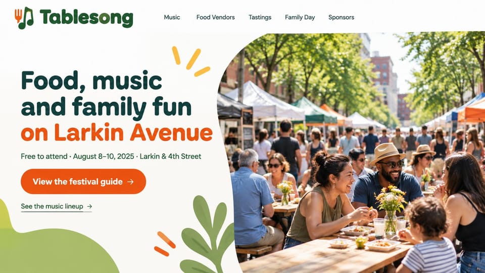 Event website design, street festival with a festival guide button: warm white page, dark green and orange headline, orange guide button, rounded photo of people eating among market stalls, green leaf shapes