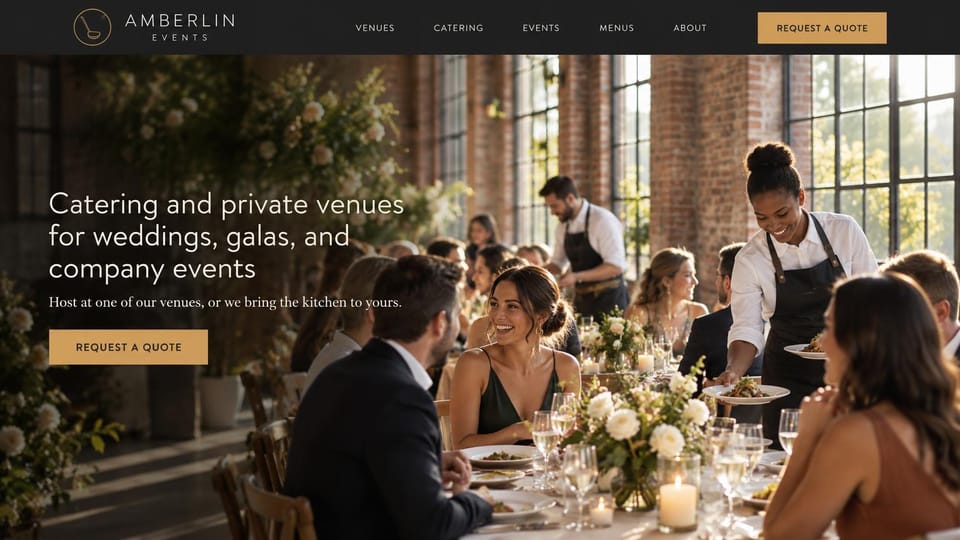 Catering website design, catering company with its own venues: black header with a gold button above a sunlit brick hall of candlelit tables and a server bringing plates