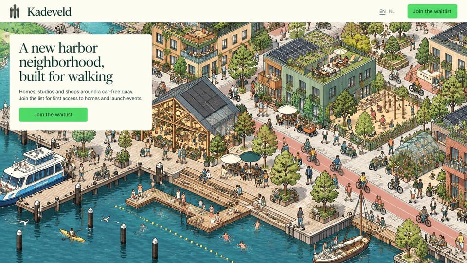 Coming soon website design, new development waitlist with an illustrated map: colorful isometric illustration of a harbor neighborhood with boats and rooftops, white card with serif headline and green button