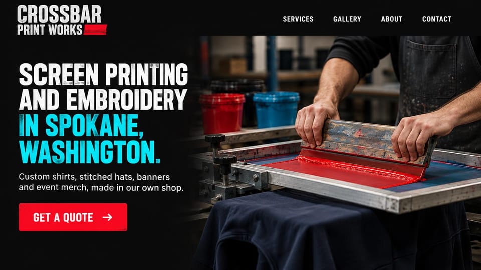Printing website design, screen print shop in gritty black and cyan: black page, distressed white and cyan condensed capitals, a red quote button and hands pulling red ink across a screen onto a navy shirt