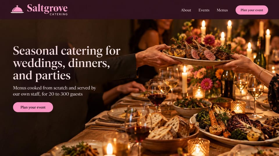 Catering website design, seasonal catering with the guest range up front: deep burgundy header and pink buttons, a candlelit banquet with a lamb platter passed across the table