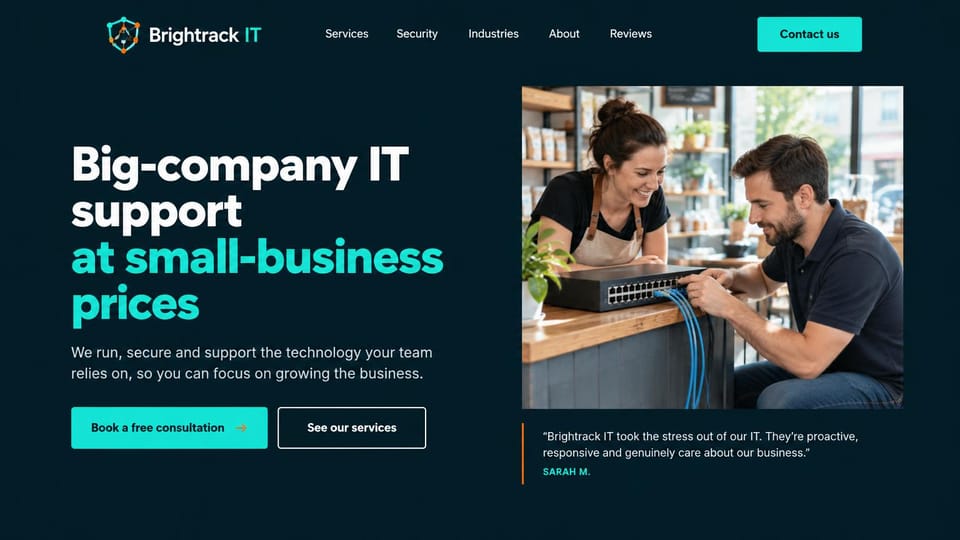 IT company website design, small business IT with a shop counter photo: dark navy page, white and aqua headline, aqua and outlined buttons, a technician connecting a network switch with a shop owner, a client quote below