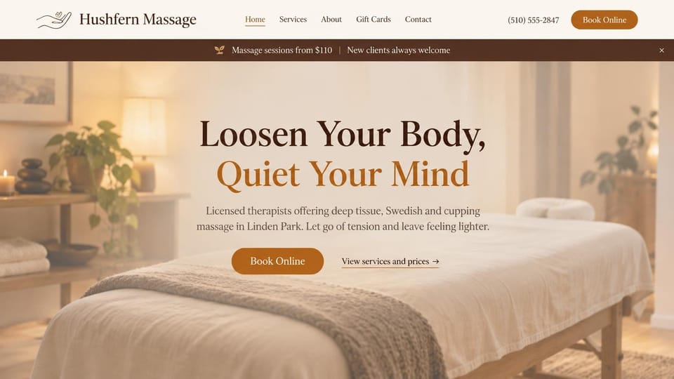 Massage therapist website design, neighborhood studio with prices in the top bar: warm cream photo of an empty massage table, a centered dark brown and amber serif headline and an amber button