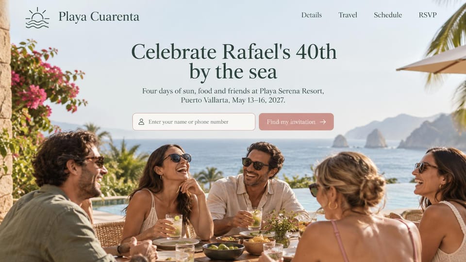 Event website design, fortieth birthday trip by the sea: seaside photo of friends in sunglasses toasting at an outdoor table, centered green serif headline, name field and pink invitation button