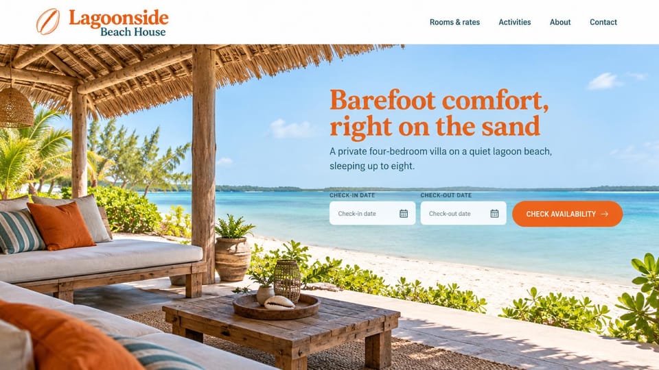 Vacation rental website design, lagoon beach villa in bright orange: white header with an orange and teal logo, a thatched beach lounge with orange cushions facing a turquoise lagoon, orange serif headline, white date fields, orange button