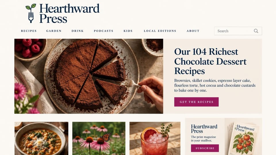 News and magazine website design, food and garden magazine with a recipe roundup lead: cream page, navy serif wordmark with a sprouting fork, spaced capitals menu, a chocolate torte cut into slices, plum buttons, a magazine cover of tomatoes in the subscribe box