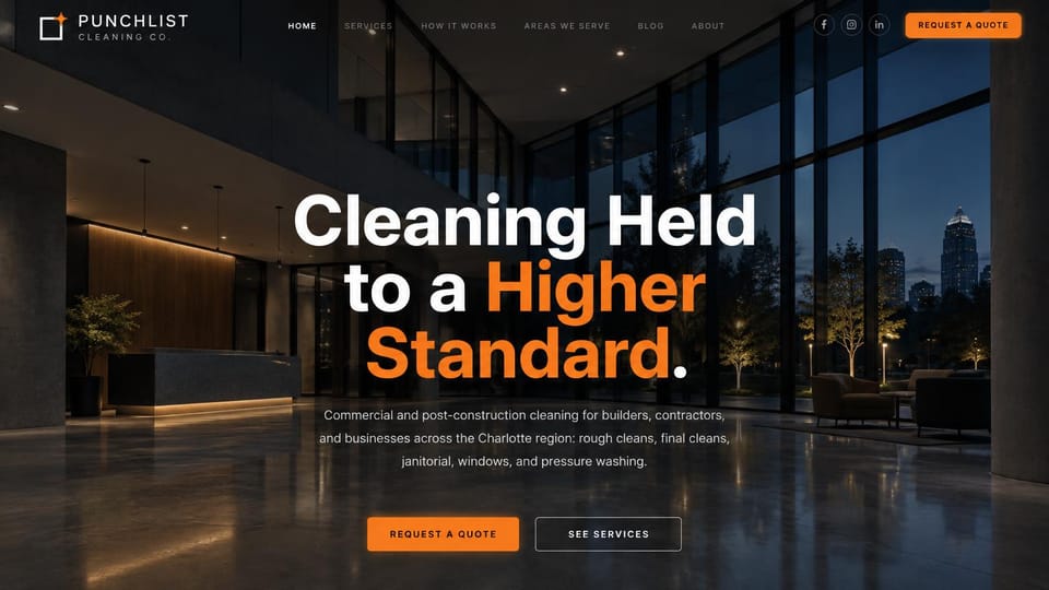 Cleaning service website design, post-construction cleaning in a lobby at night: an empty glass office lobby at night with a city skyline, a centered white and orange headline and an orange quote button