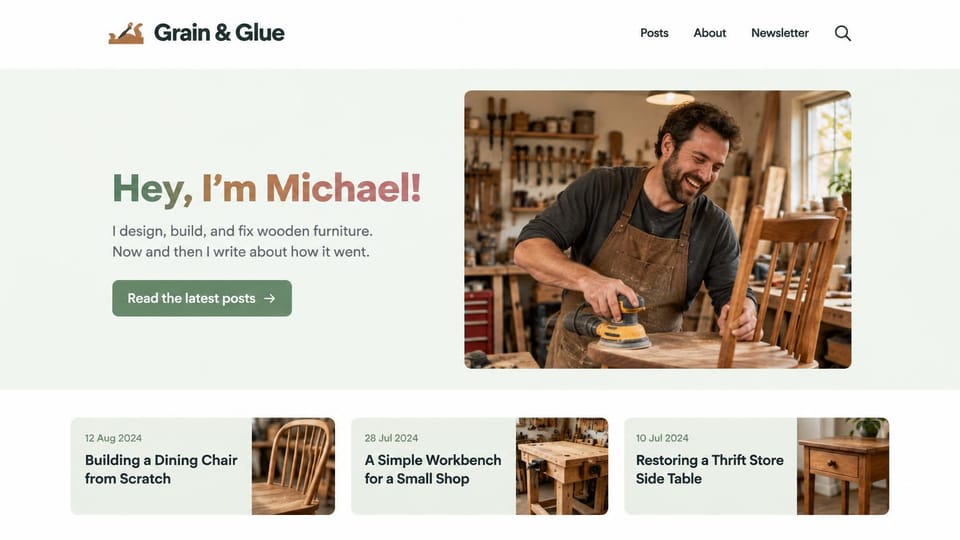 Blog website design, furniture maker's blog in sage: pale sage band, a green headline, a man sanding a chair in a workshop and three project cards