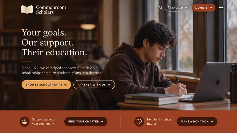 Nonprofit website design, scholarship fund in a quiet library: a student at a laptop in a warm library, serif headline and gold buttons over a rust band