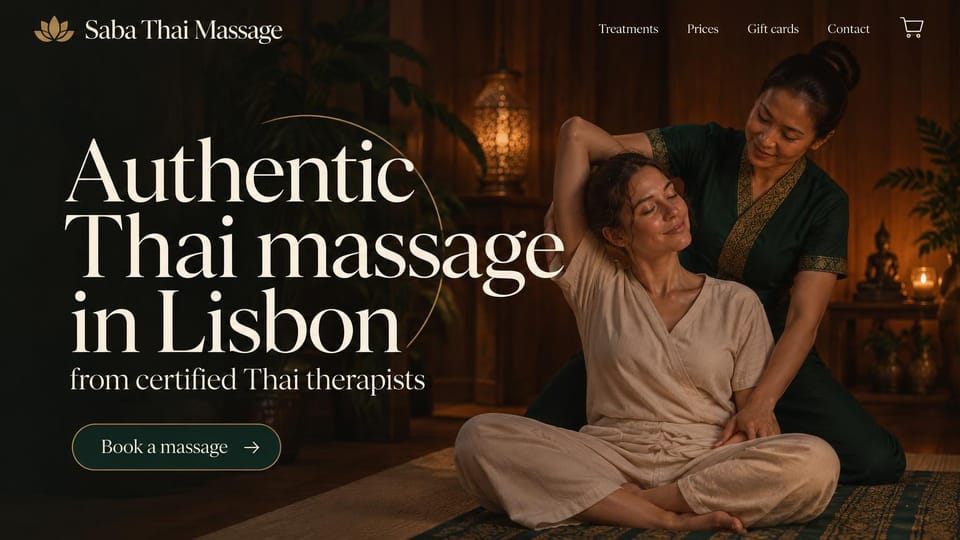 Massage therapist website design, thai massage studio in deep green and gold: dark green and amber room, a large cream serif headline and a therapist guiding a seated client through a stretch