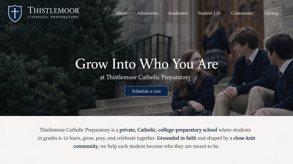 School website design, catholic prep school with a welcome paragraph: darkened photo of uniformed students on stone steps, a white crest and menu, a centered serif headline, a navy button and a light intro band