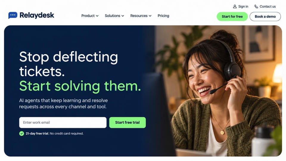 SaaS website design, support software with a real person: navy rounded panel with a white and green headline, an email field and a smiling support agent