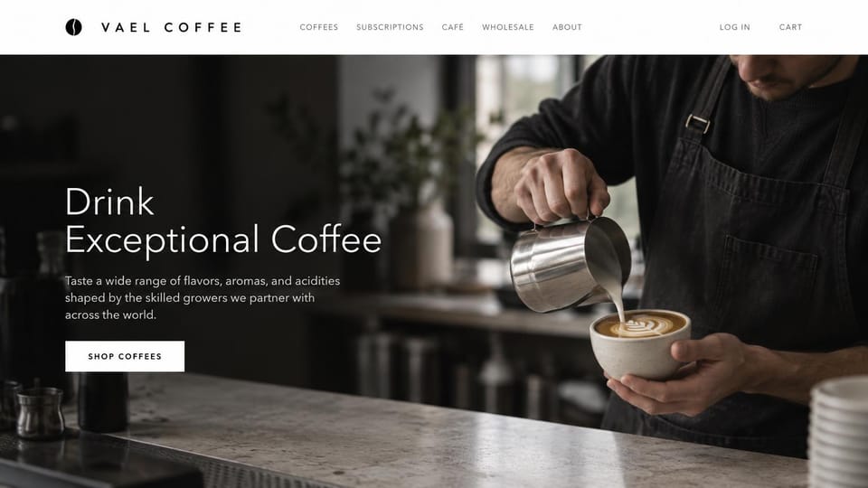 Cafe website design, coffee bar with a latte art pour: white header over a dark photo of a barista pouring latte art, thin white headline and shop button
