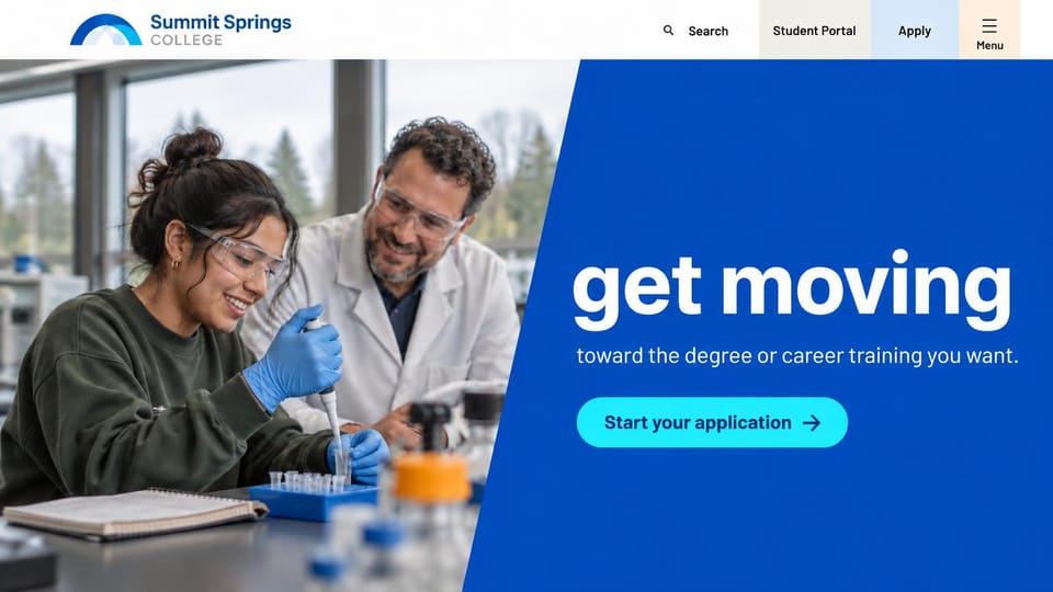School website design, community college with a bold blue diagonal: royal blue diagonal panel with a large white lowercase headline, a lab photo of a student pipetting beside an instructor, a cyan button