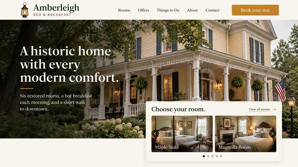 Bed and breakfast website design, historic B&B with a room carousel: a yellow Victorian house with a wraparound porch at dusk, white serif headline and a card of room photos