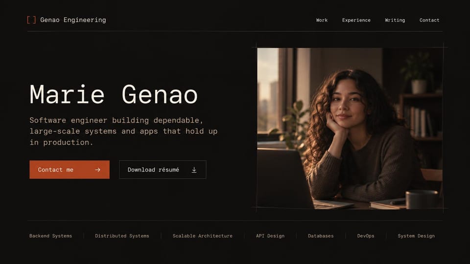 Resume website design, backend engineer with a row of skills in code type: charcoal page, a large cream monospace name, an orange contact button, an outlined résumé button and a warm portrait of a woman with curly hair at a desk