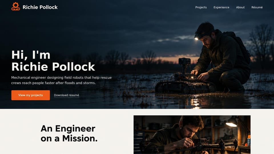 Engineering portfolio website design, field robotics engineer at dusk: dark dusk scene, a white headline and an orange button, an engineer with a headlamp kneeling by a tracked robot in floodwater