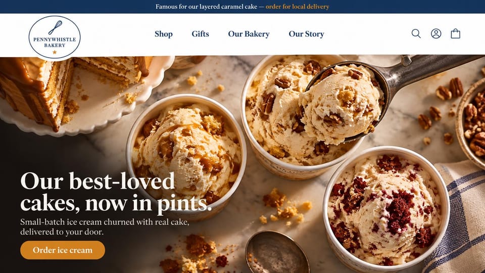 Cafe website design, cake bakery with ice cream pints: navy top bar, an overhead photo of cake ice cream pints and a gold order button