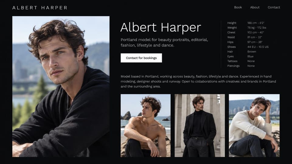 Model portfolio website design, male lifestyle and dance model with an outdoor portrait: black page, a large white sans name, a white contact button, a dark-haired man by a river and three smaller photos