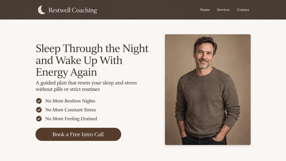 Coaching website design, sleep and stress coaching with a checklist: white page with a brown header, a serif headline, three check marks and a framed portrait in a sweater