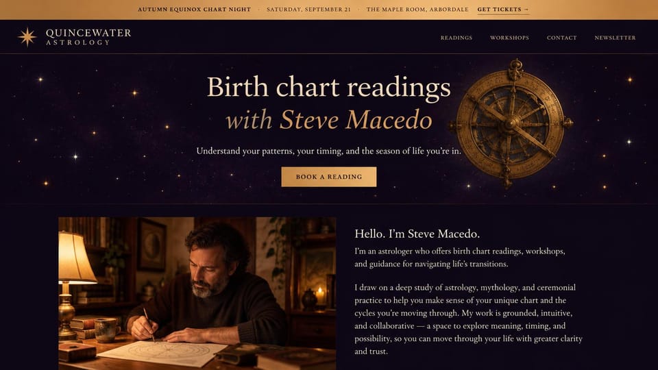 Astrology website design, birth chart readings with an event bar on top: gold announcement bar over a deep plum starry hero, a cream serif headline with an italic gold name, a brass astrolabe, and an astrologer drawing a chart by lamplight below
