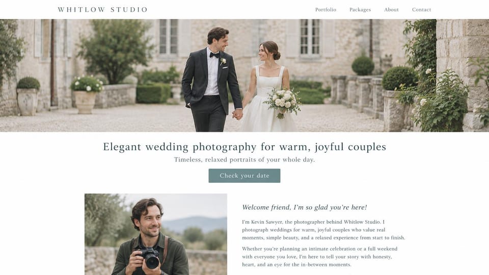 Photography website design, wedding with a hello from the photographer: white and sage, a couple in a garden courtyard above a centered headline, then a photographer portrait and welcome note