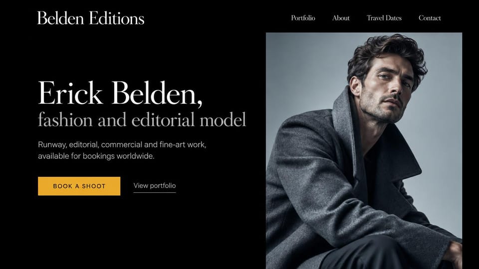 Model portfolio website design, male editorial model in a gray wool coat: black page, a large white serif name with a gray subtitle, a gold button and a portrait of a dark-haired man in a gray wool coat